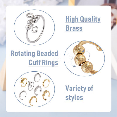 8Pcs 8 Style Brass Rotating Beaded Cuff Rings RJEW-SW0001-01-1