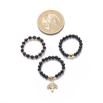 15Pcs 5 Set Natural Black Onyx & Synthetic Hematite Beaded Stretch Rings Set RJEW-JR00521-1
