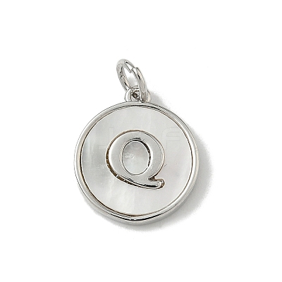 Brass Pave Natural Shell Flat Round with Letter Charms KK-Z115-13P-Q-1