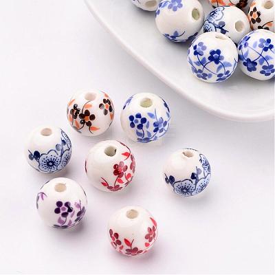 Mixed Color Handmade Printed Porcelain Round Beads X-PORC-CF187Y-CF190Y-1