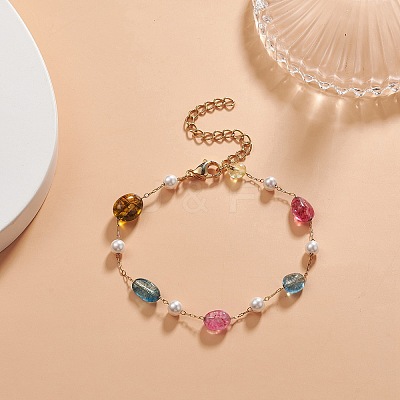 Natural Mixed Gemstone Nuggets & Glass Pearl Beaded Bracelet BJEW-JB09348-1