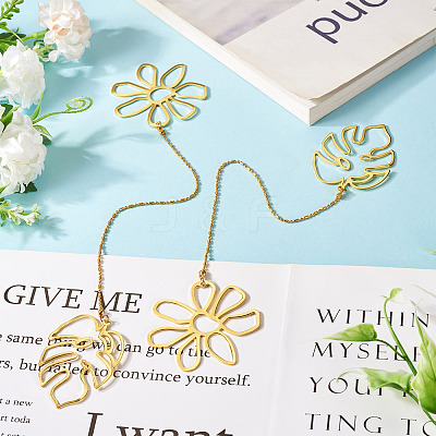 Brass Flower & Leaf Charms Bookmarks AJEW-TAC00029-1