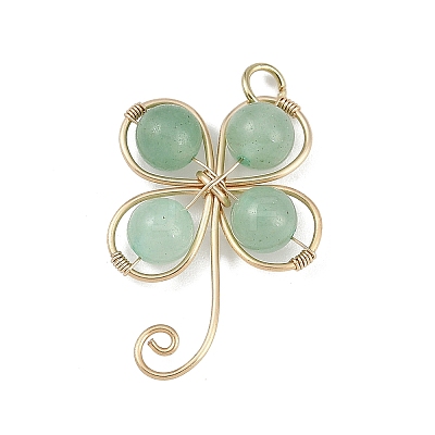 Copper Wire Wrapped Natural Green Aventurine Shamrock Pendants PALLOY-JF02945-02-1