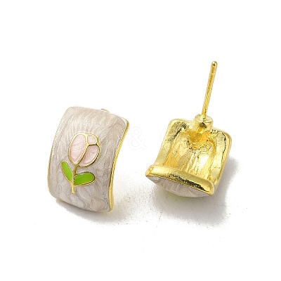 Flower Alloy Enamel Half Hoop Stud Earrings for Women EJEW-K282-01G-1