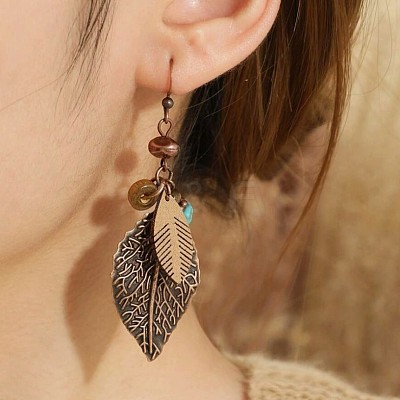 Bohemian Style Leaf Alloy & Wood Pendant Necklaces & Dangle Earrings Sets WG5D754-01-1