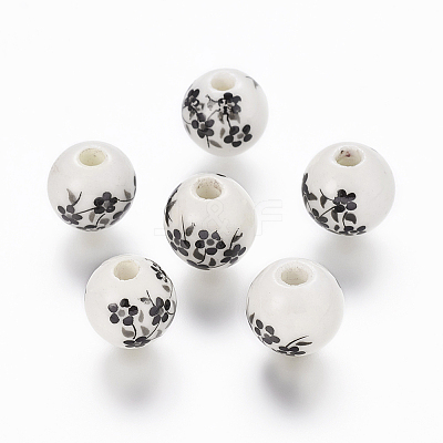 Floral Printed Porcelain Beads X-PORC-Q201-10mm-5-1