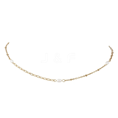 Natural Pearl Rice & 304 Stainless Steel Satellite Chain Paperclip Chain Necklaces for Women NJEW-JN05823-02-1