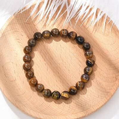 Natural Tiger Eye Round Beaded Stretch Bracelets BJEW-F203-04-1
