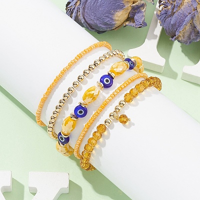 5Pcs 5 Style Glass & Lampwork Evil Eye Stretch Bracelets Set BJEW-JB09619-02-1