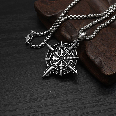 Vintage 304 Stainless Steel Viking Compass Pendant Necklaces for Men WG1D9FE-01-1