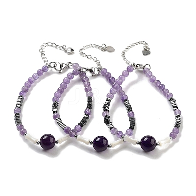 Natural Amethyst Round & Synthetic Non-magnetic Hematite & White Shell Beaded Bracelets for Women BJEW-K251-02F-1