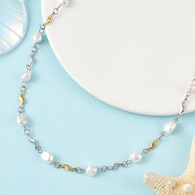 Nuggets Shell Pearl Beads & 304 Stainless Steel Wave Link Chain Necklaces NJEW-JN06364-1