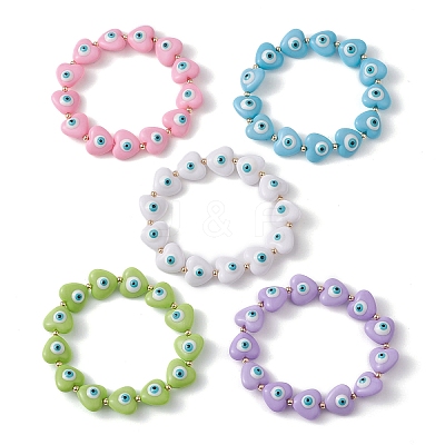Resin Heart with Evil Eye Beaded Stretch Bracelets BJEW-JB09460-1