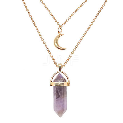 Natural Amethyst Cone Pendant Double Layer Necklace UX9990-21-1