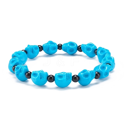 Natural Mashan Jade Skull & Synthetic Turquoise(Dyed) Beaded Stretch Bracelet BJEW-JB08377-04-1