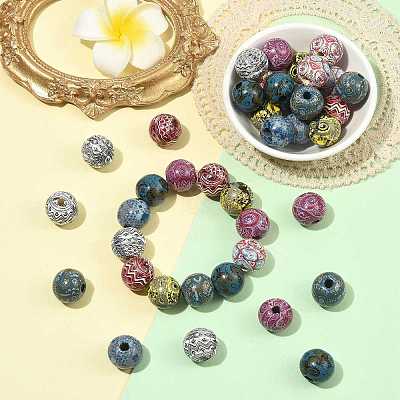 40Pcs 8 Colors Bohemian Style Printed Schima Wood Beads WOOD-FS0002-52-1