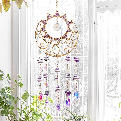 Natural Amethyst Chips & Metal Sun Moon Suncatchers HJEW-F027-12-1