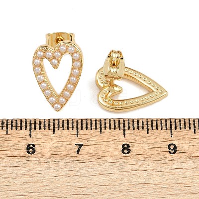 Brass ABS Plastic Pearl Hollow Heart Stud Earrings EJEW-L275-14G-01-1