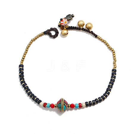 Alloy Rondelle & Dyed Synthetic Turquoise Heishi Braided Beaded Adjustable Anklets for Women FS-WG1CCC6-01-1