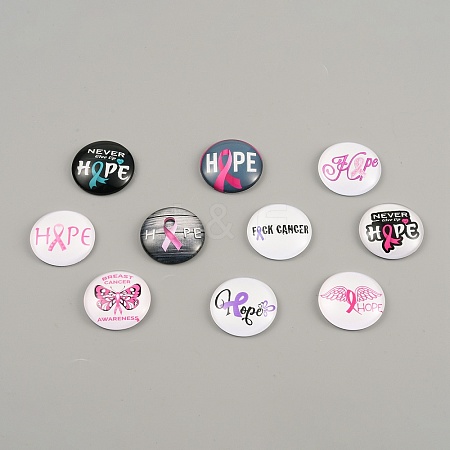 Breast Cancer Awareness Ribbon Pattern Glass Cabochons GGLA-WH0002-005-1