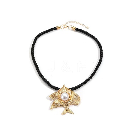 Ocean Alloy & Plastic Pearl Fish Pendant Black Twisted Cotton Cord Necklaces for Women WGE2A39-01-1