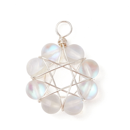 Frosted Dyed Synthetic Moonstone Round Beaded Pendants PALLOY-JF03469-01-1