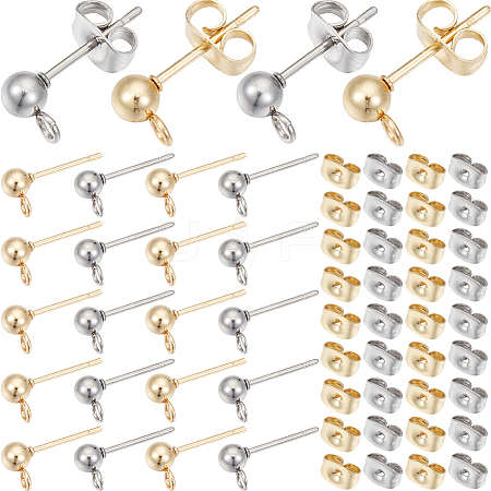 SOFPLATE 100Pcs 2 Color 304 Stainless Steel Ball Stud Earring Findings STAS-SP0001-56-1