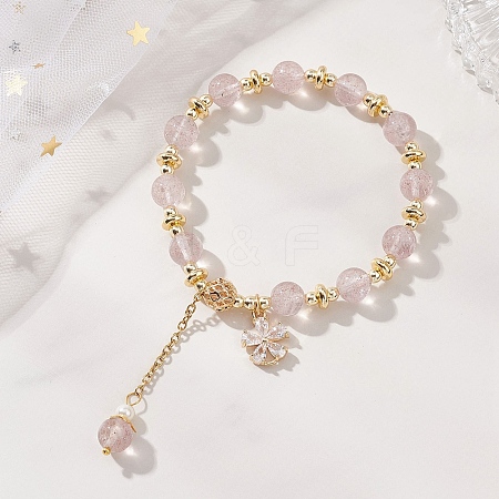 Natural Strawberry Quartz Round Beaded Bracelets for Women BJEW-JB13123-01-1