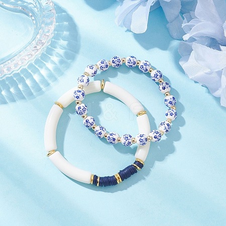 2Pcs 2 Styles Handmade Flower Porcelain Ceramic Round Beads Stretch Bracelets & Polymer Clay Heishi Beads Stretch Bracelets BJEW-JB12071-1
