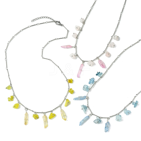 3Pcs 3 Styles Natural Rose Quartz & Natural Olive Jade & Natural Aquamarine Chip Bib Pendant Necklaces NJEW-TA00167-1