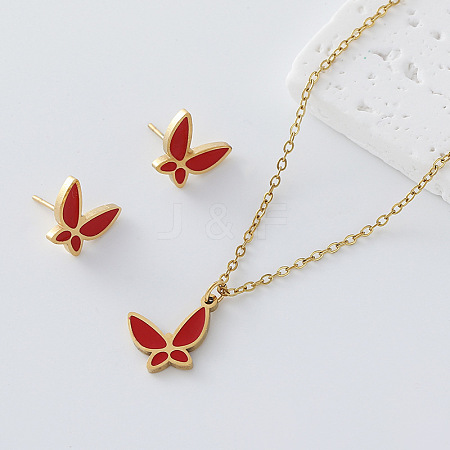 304 Stainless Steel Enamel Butterfly Pendant Necklace & Stud Earrings Set for Women TJ2009-2-1
