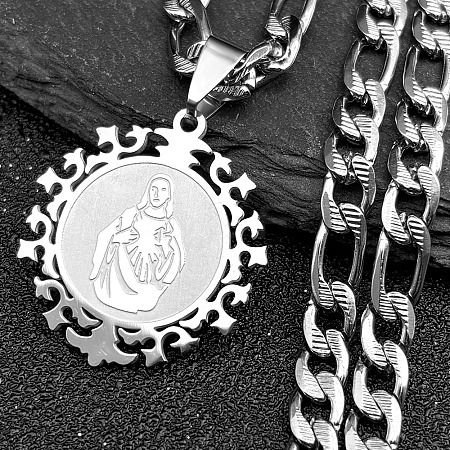 Flat Round with Virgin Pattern 201 Stainless Steel Pendant Necklaces for Men Women NJEW-K283-20P-1