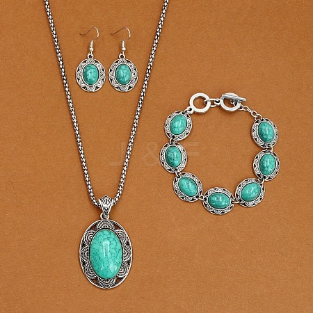 Alloy with Synthetic Turquoise Pendant Necklaces & Link Bracelets & Dangle Earring Sets WGBFEA3-12-1