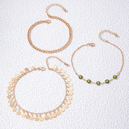 Alloy Green Enamel Flower Tassel 3 Layer Anklets for Women FS-WG5D6F4-01-1