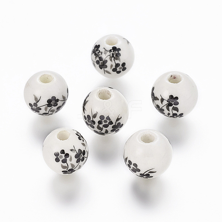 Floral Printed Porcelain Beads X-PORC-Q201-10mm-5-1
