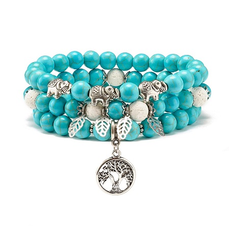 Synthetic Turquoise & Natural Lava Rock Round Beads Stretch Bracelets Set BJEW-JB07465-1