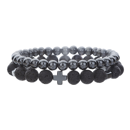 Round Natural Lave Rock & Synthetic Non-magnetic Hematite Beaded Stretch Bracelet Sets WC8951-2-1