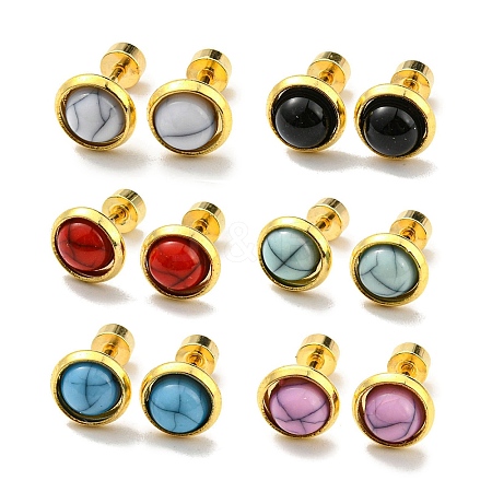 Vacuum Plating 12 Pairs 6 Color Flat Round Resin Straight Barbell Stud Earrings AJEW-C032-01G-1