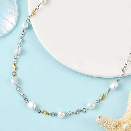 Nuggets Shell Pearl Beads & 304 Stainless Steel Wave Link Chain Necklaces NJEW-JN06364-1