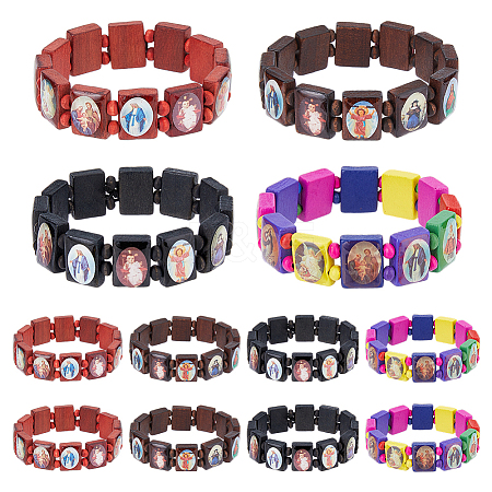 FIBLOOM 12Pcs 4 Colors Religion Pattern Tile Bracelets Set BJEW-FI0001-38-1