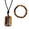 Natural Tiger Eye Round Beads Bracelets & Rectangle Pendant Necklaces Sets for Women WGAB457-01-1