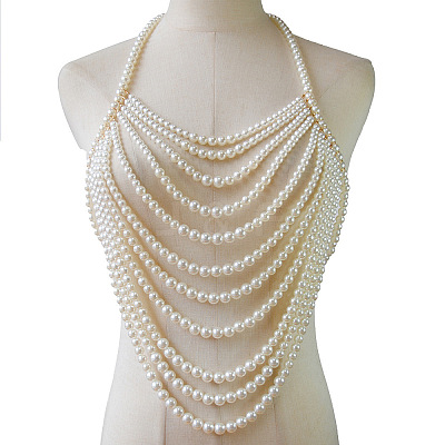 Plastic Imitation Pearl Round Beaded Multi-Layer Sexy Bikini Chest Body Chains WG29523-01-1