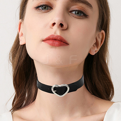 Punk Rock Style Alloy Heart Ring Imitation Leather Chocker Necklaces NJEW-CL0001-21-1