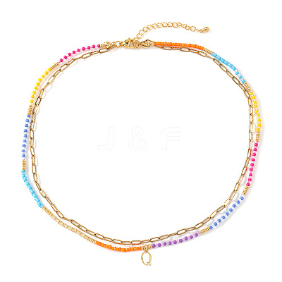 Colorful Glass Seed Beaded Initial Pendant Double Layer Necklaces QS3881-17-1