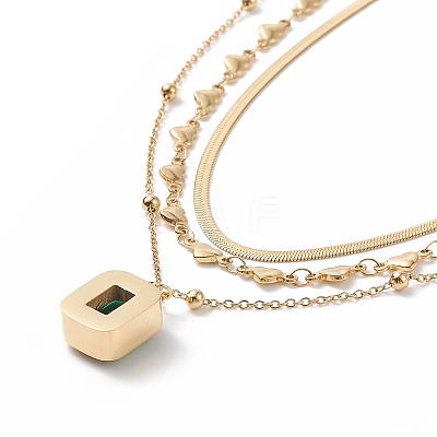 Green Glass Rectangle Charms Triple Layer Necklace NJEW-C036-08G-1