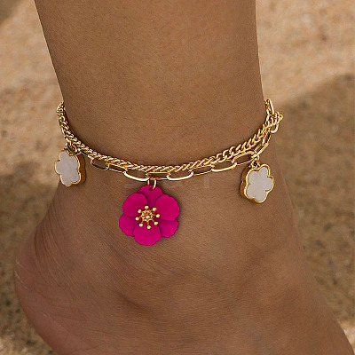 Deep Pink Flower Acrylic Charm Alloy Double Layer Anklets for Women FS-WGA4657-03-1