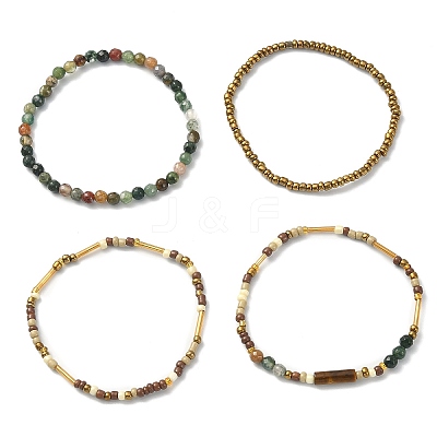 4Pcs 4 Style Natural Indian Agate & Tiger Eye & Seed Beaded Stretch Bracelets Set BJEW-JB09458-1