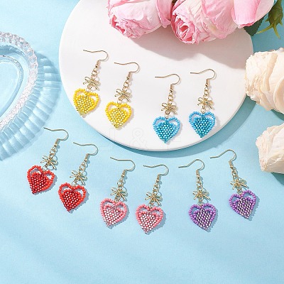 Handmade Glass Seed Beads Heart Dangle Earrings EJEW-MZ00577-1