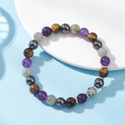Non-Magnetic Synthetic Hematite & Natural Grade AB Tiger Eye & Labradorite & Quartz Beads Stretch Bracelets for Women BJEW-JB12832-1