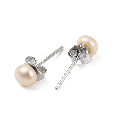 Natural Pearl Round Bead Stud Earrings EJEW-E298-01A-02P-1
